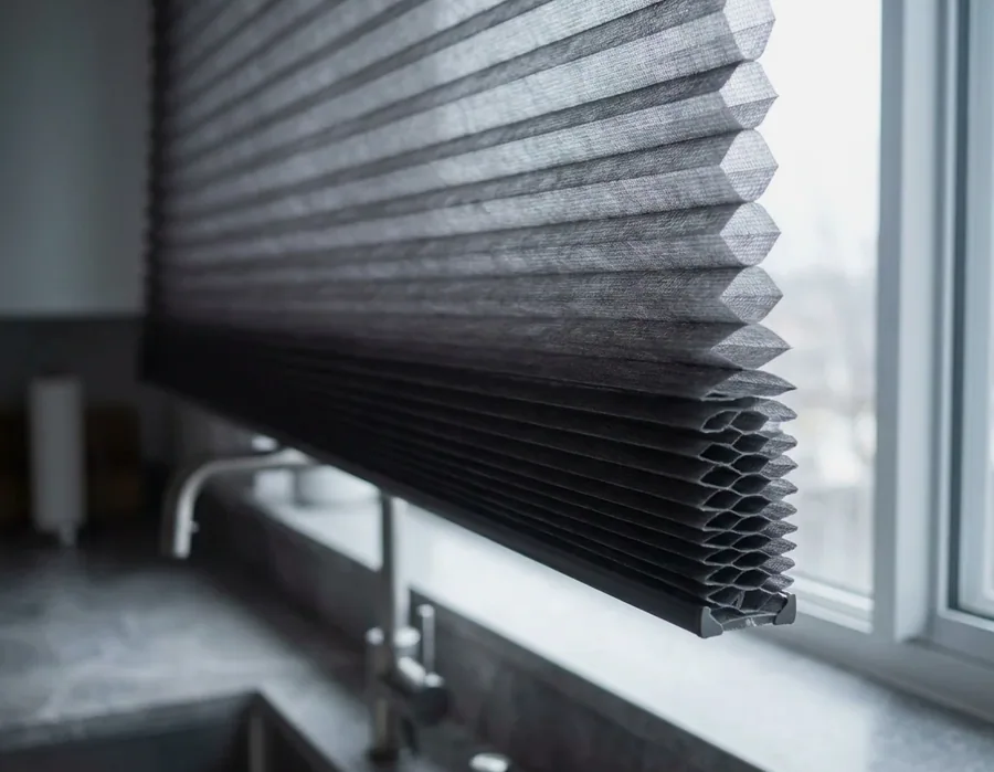 Close-up of a cellular honeycomb blind with the hexagonal air cells visible along the edge of the pleats