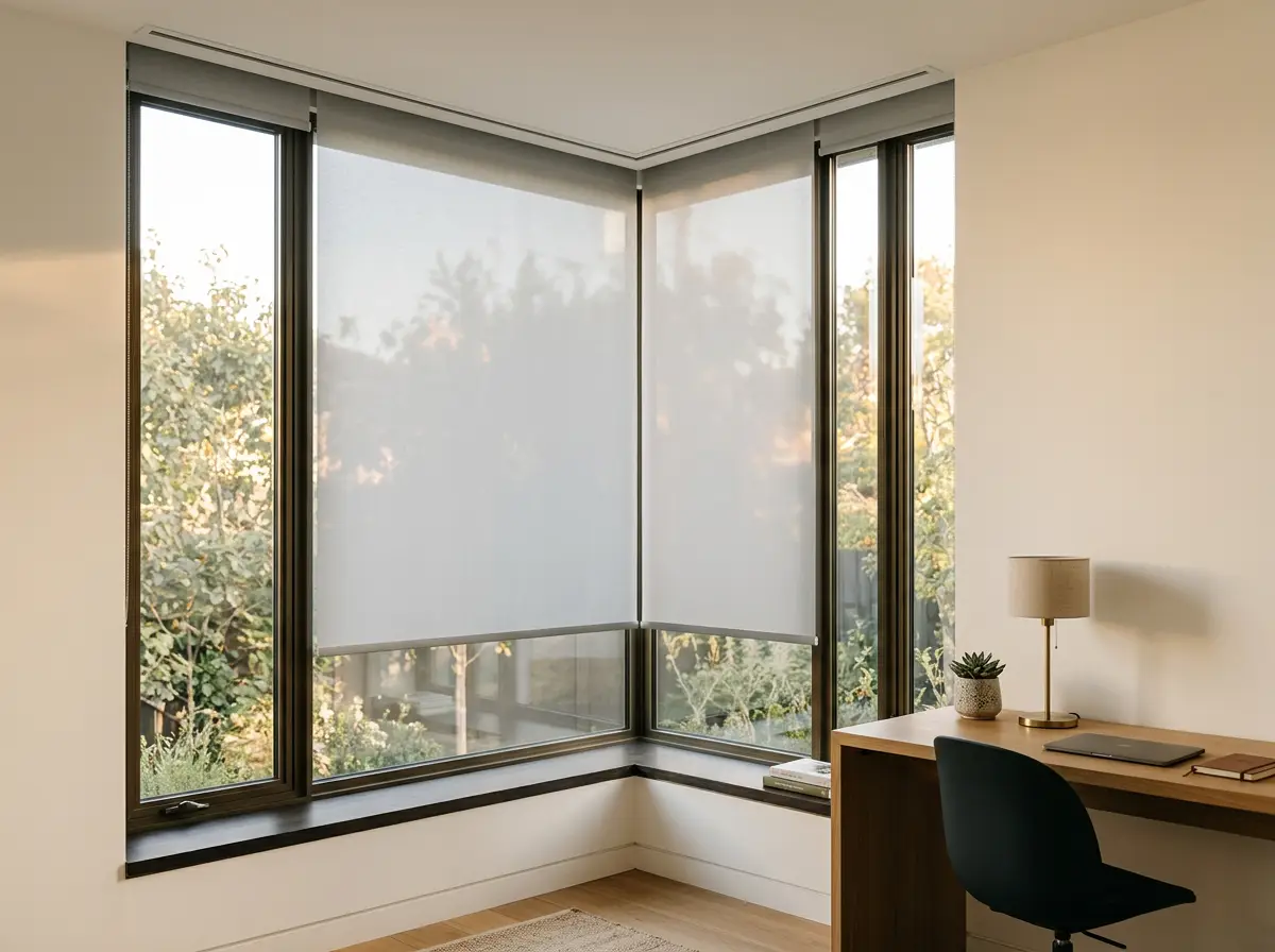 Home office with a concealed blind dropping from a hidden ceiling recess above a tall corner window, fabric fully extended in pale grey