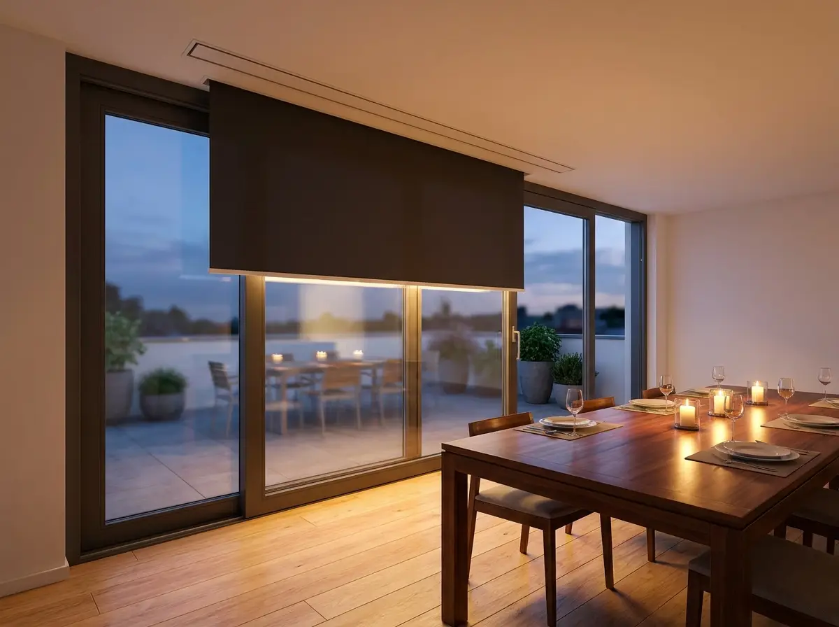 Dining room with sliding glass doors, a concealed blind's fabric dropping from a slim recessed ceiling slot above the doors