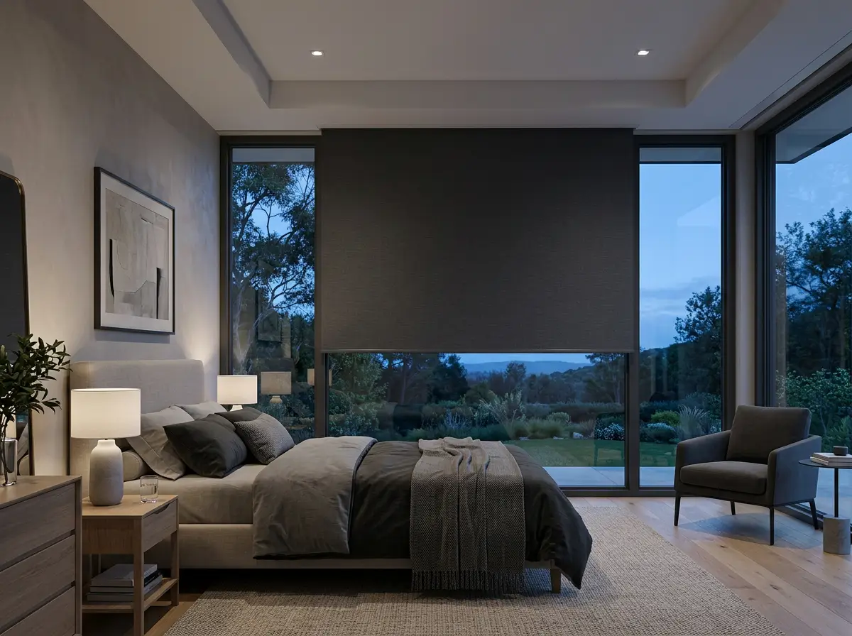 Main bedroom with a concealed blind dropping from a hidden ceiling slot above a wide window, fabric in deep charcoal fully extended