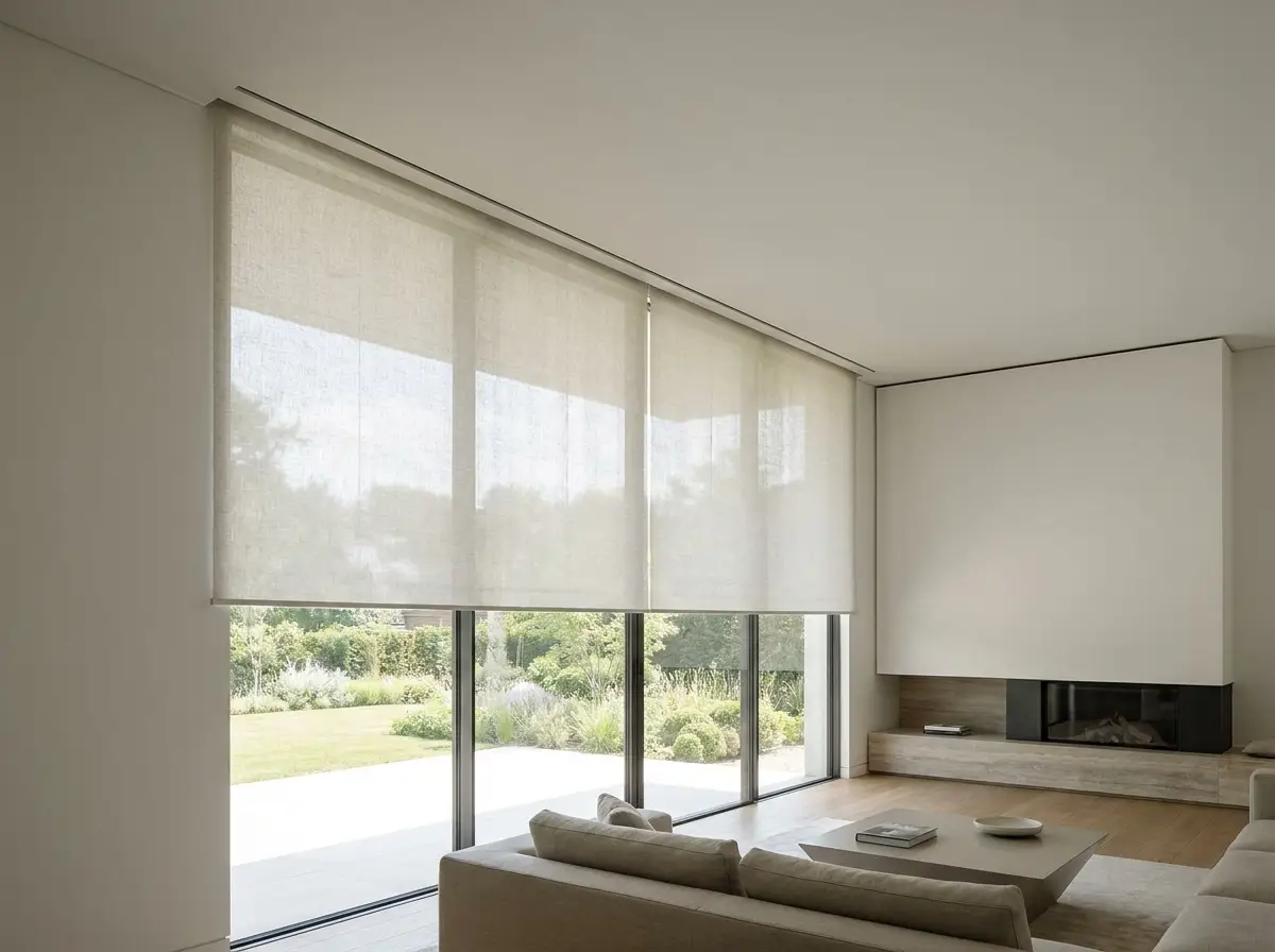 Open-plan living room with a concealed blind's fabric dropping from a slim recessed ceiling slot above a wide window, no headrail or brackets visible