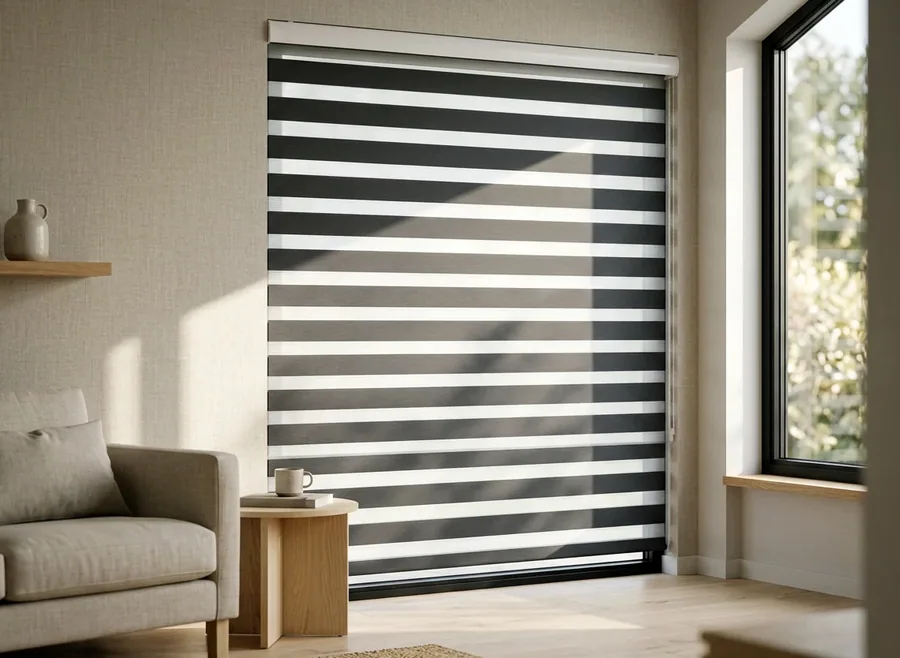 A day/night blind drawn across a living-room window, alternating sheer and solid bands aligned for filtered light