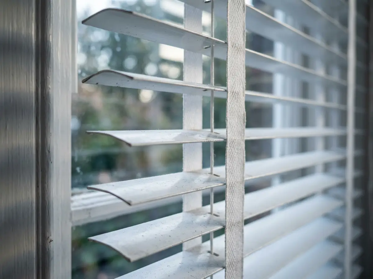 Extreme close-up of white aluminium venetian blind slats on a white ladder tape, cool morning light raking across the edges