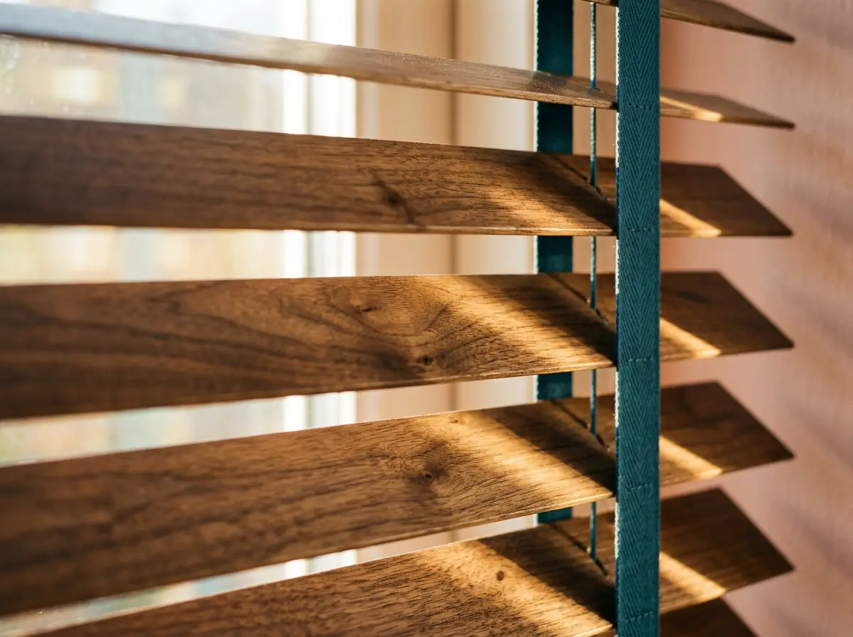 Close-up of timber venetian slats on a petrol ladder tape, catching late afternoon sun