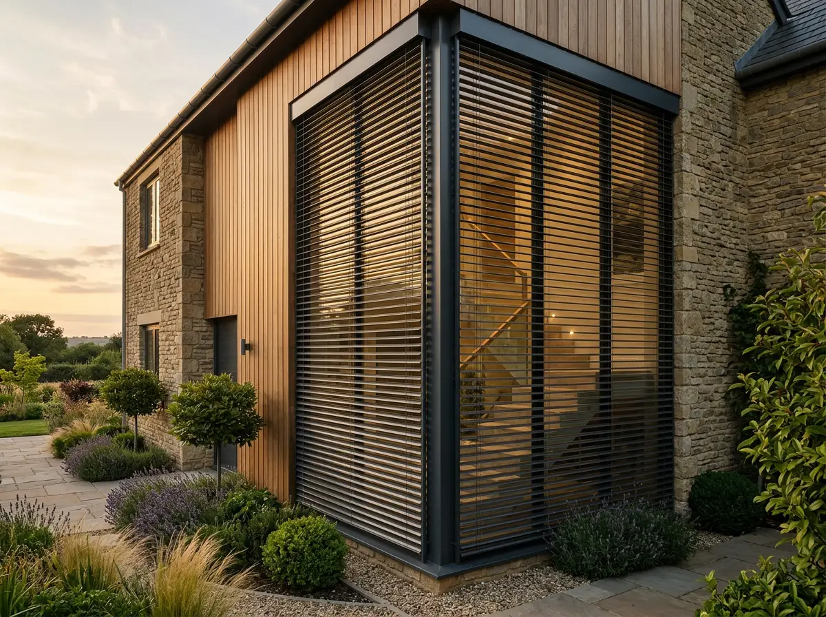 Exterior corner of an estate home with external venetian blinds mounted outside a tall glazed stairwell window, slats tilted closed against low sun