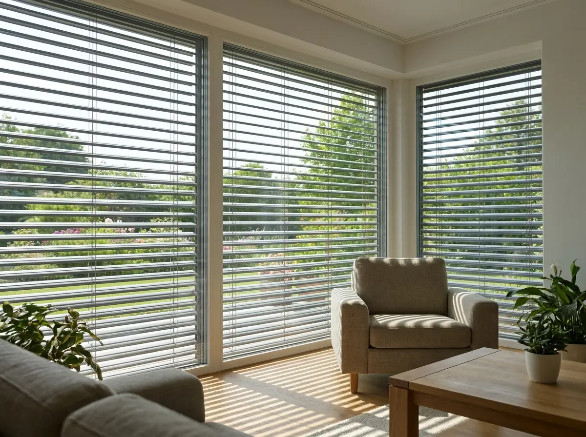 View from inside a living room looking out through glazing fitted with external venetian blinds, slats tilted to filter bright midday sun