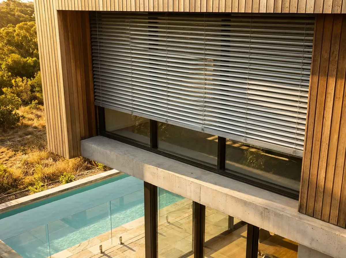 Exterior of a double-storey home with external venetian blinds mounted outside an upper-floor window, slats fully closed against harsh afternoon glare, pool below