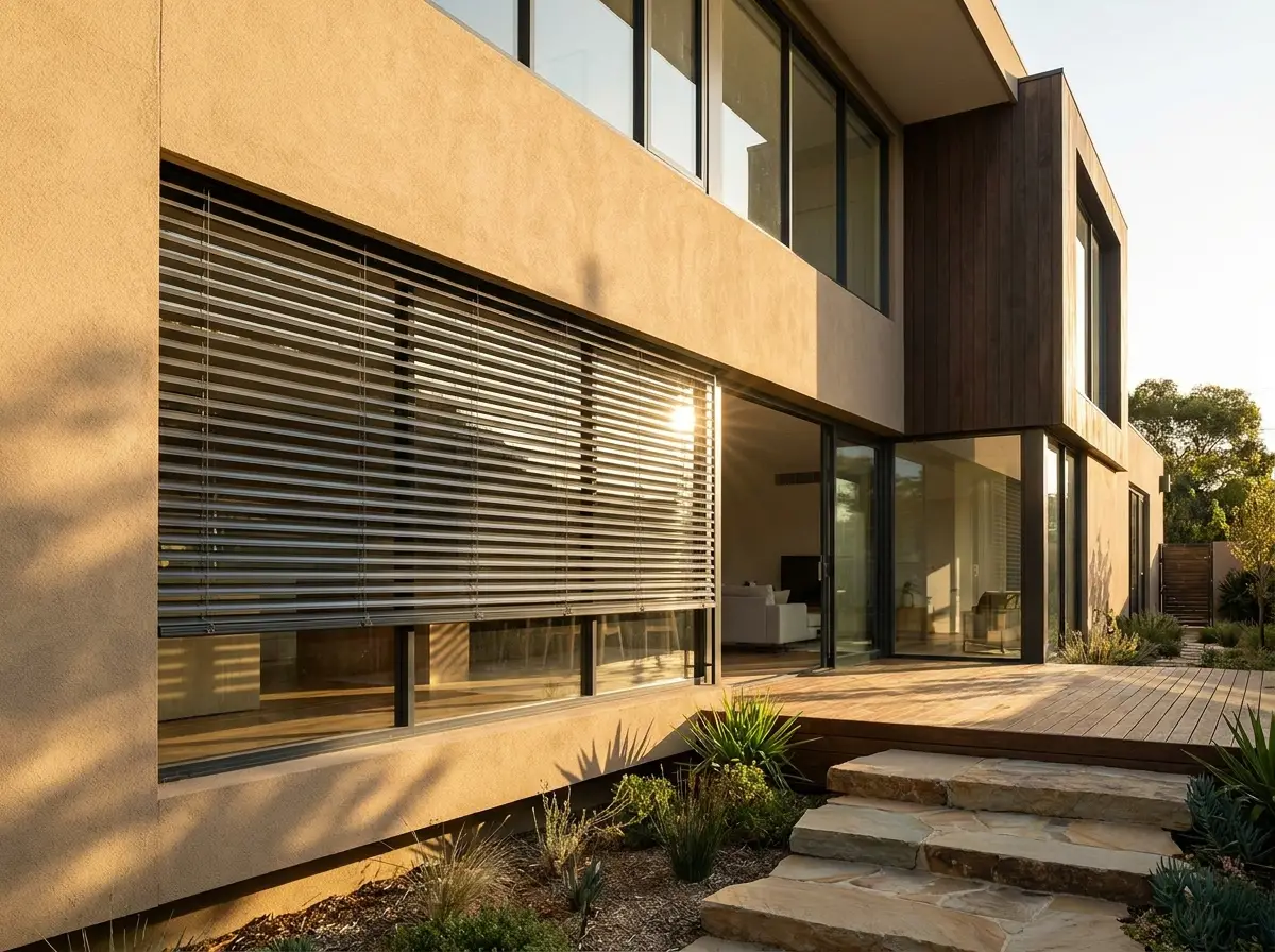 Exterior of a modern home with external venetian blinds mounted outside a wide window, aluminium slats tilted at an angle against strong afternoon sun