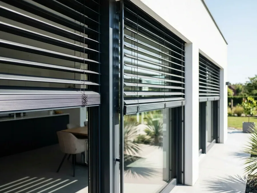 External venetian blinds mounted outside the glazing, wide aluminium slats tilted against the afternoon sun