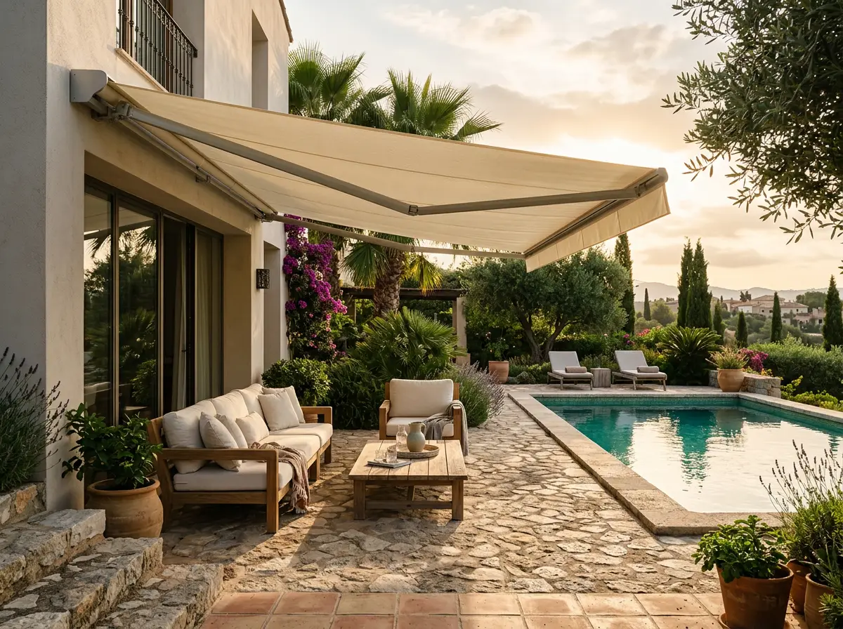Poolside patio with a folding-arm awning extended over a lounge seating area, cream fabric canopy on hinged arms