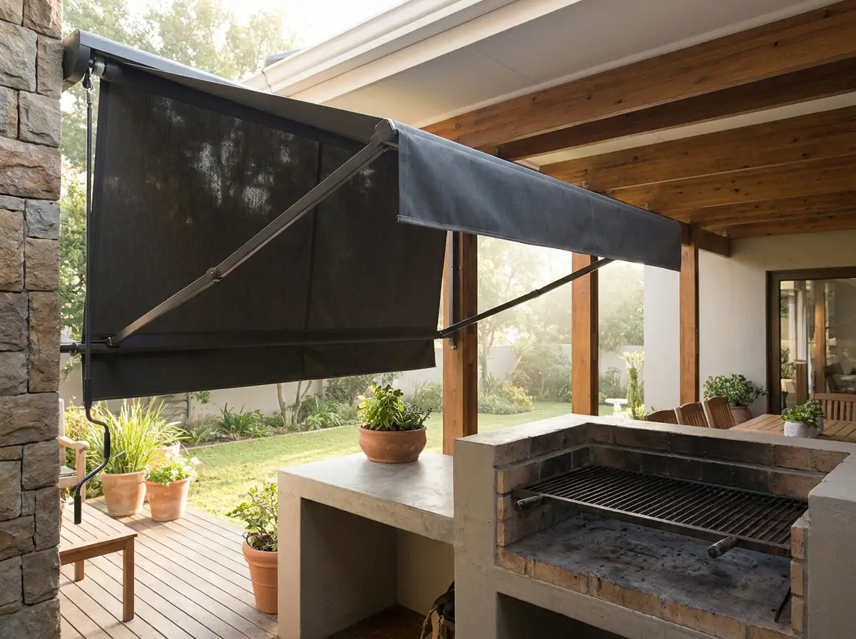 Covered braai area with a folding-arm awning partially extended over the counter, charcoal fabric canopy on hinged arms off the wall