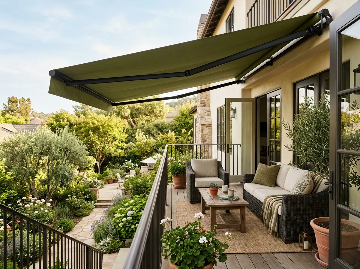 Balcony of a double-storey home with a folding-arm awning extended over outdoor furniture, olive green fabric canopy on hinged arms