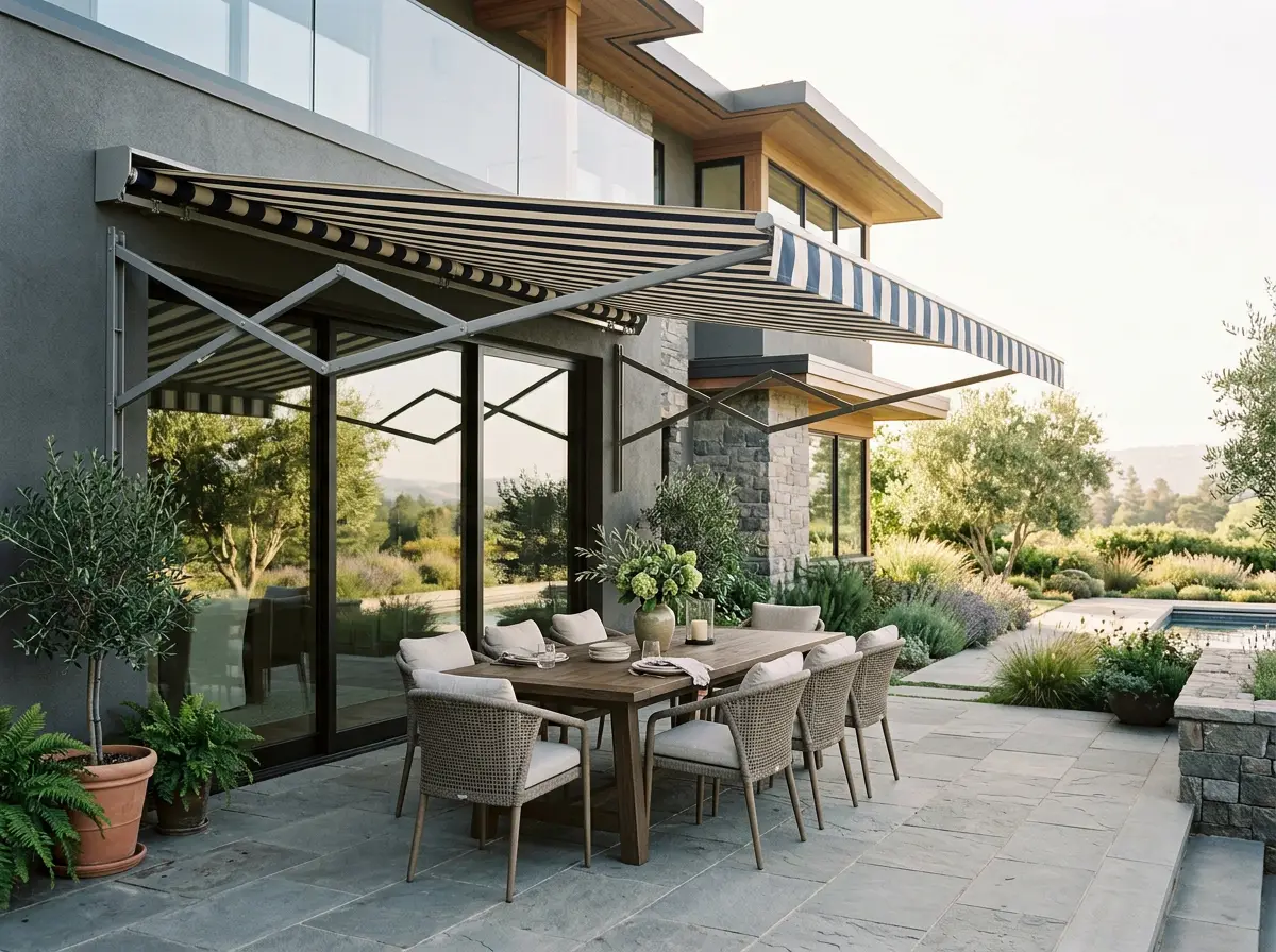 Paved patio at a modern estate home with a folding-arm awning fully extended, striped fabric canopy carried on hinged arms off the wall, outdoor dining table beneath