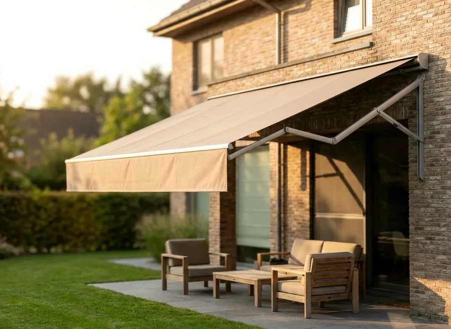 A folding-arm awning extended over a paved patio, fabric canopy carried on hinged arms off the wall