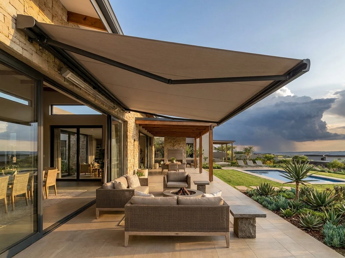 A folding-arm awning extended over a patio on hinged arms from a wall cassette, with Highveld thunderclouds building on the horizon behind the garden