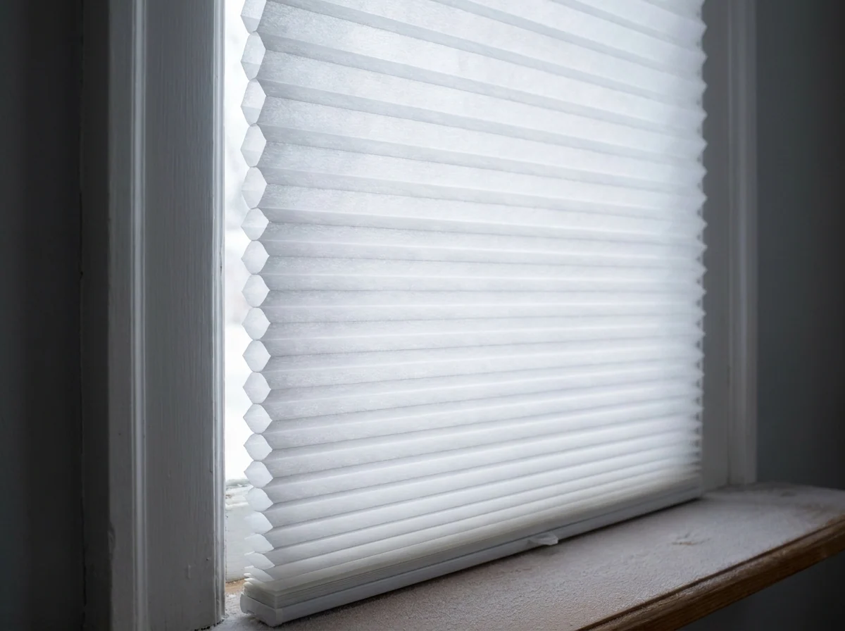 Close-up of a cellular honeycomb blind in a window reveal, hexagonal air cells clearly visible along the open side edge