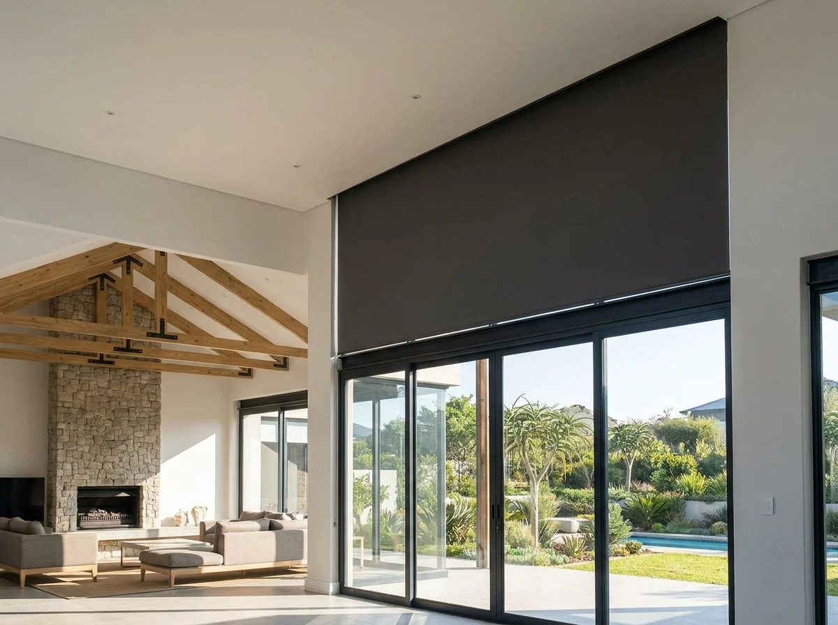 A blockout roller blind lowered across the upper band of a double-volume glass wall, head tucked tight into the ceiling line, one smooth flat sheet with no folds