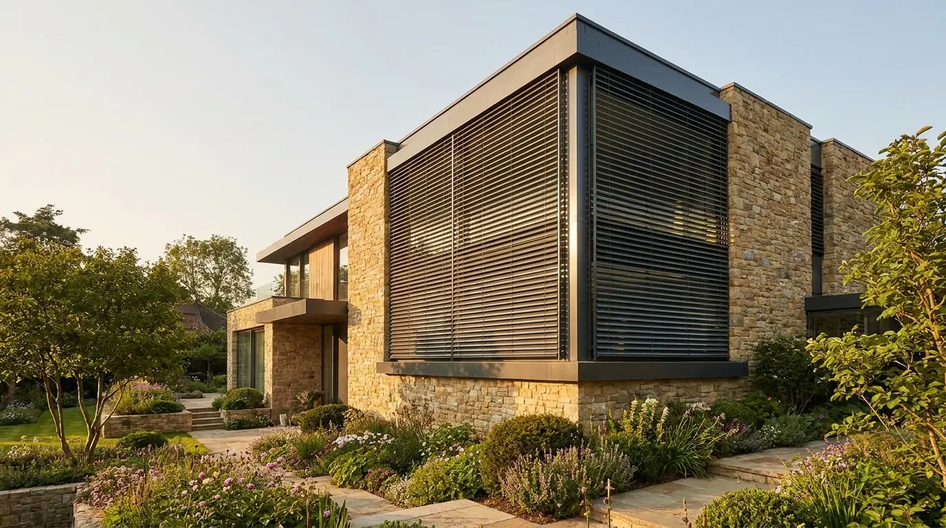 External venetian blinds mounted outside a corner window of a double-storey Waterfall home, wide aluminium slats angled closed against strong afternoon sun