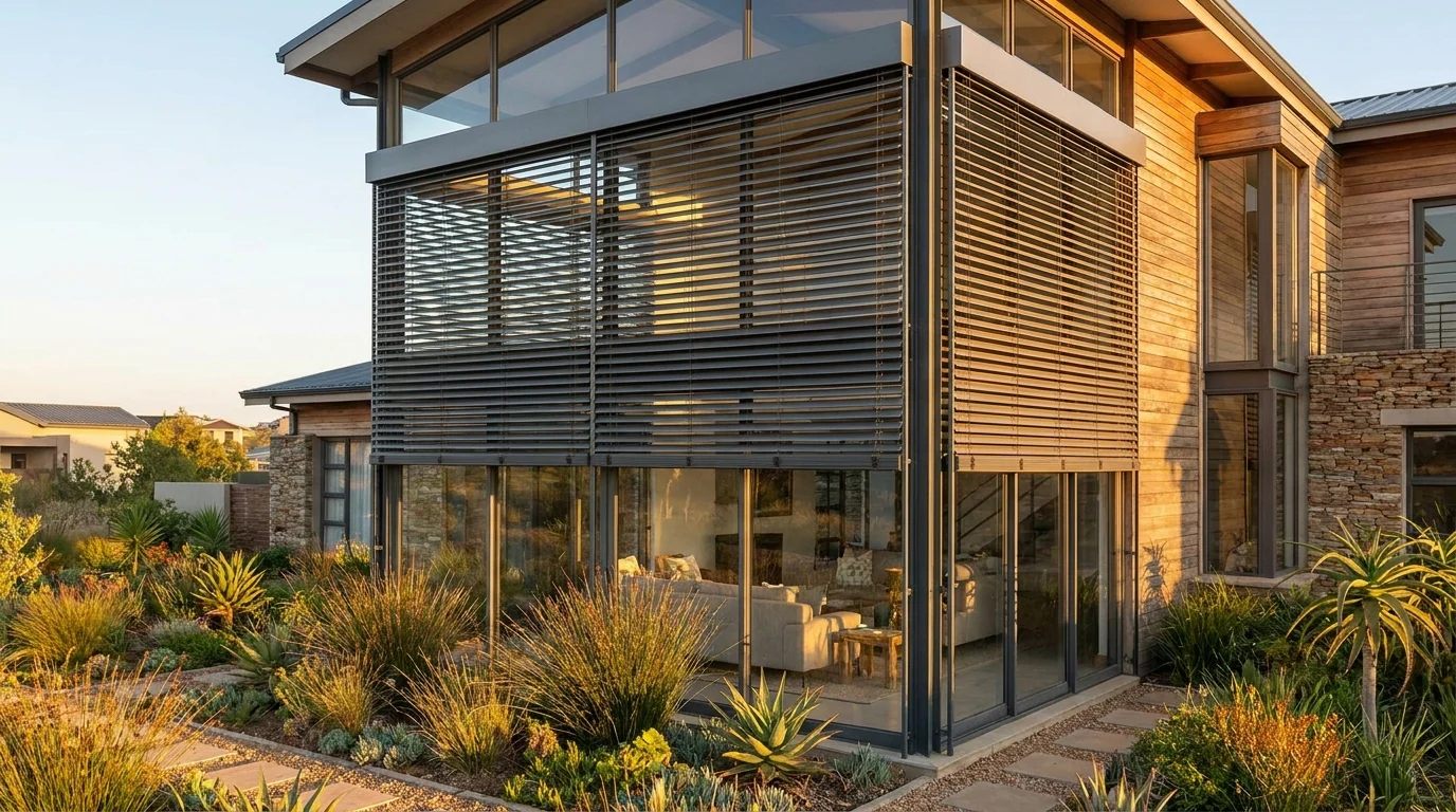 External venetian blinds mounted outside a tall west-facing window wall, wide aluminium slats tilted in guide rails against low late-afternoon sun