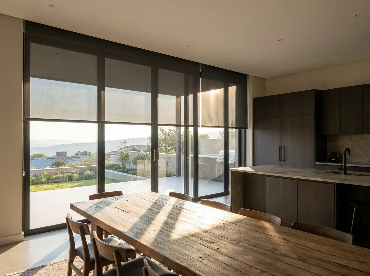 Open-plan kitchen and dining area with a charcoal roller blind lowered halfway across full-height sliding glass doors in soft morning light