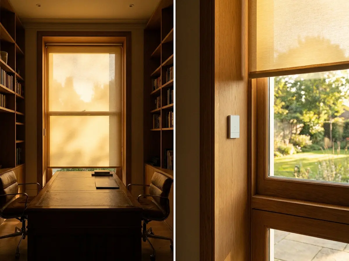 Study with a motorised roller blind lowered halfway across a tall window, a small wall-mounted control panel beside the frame