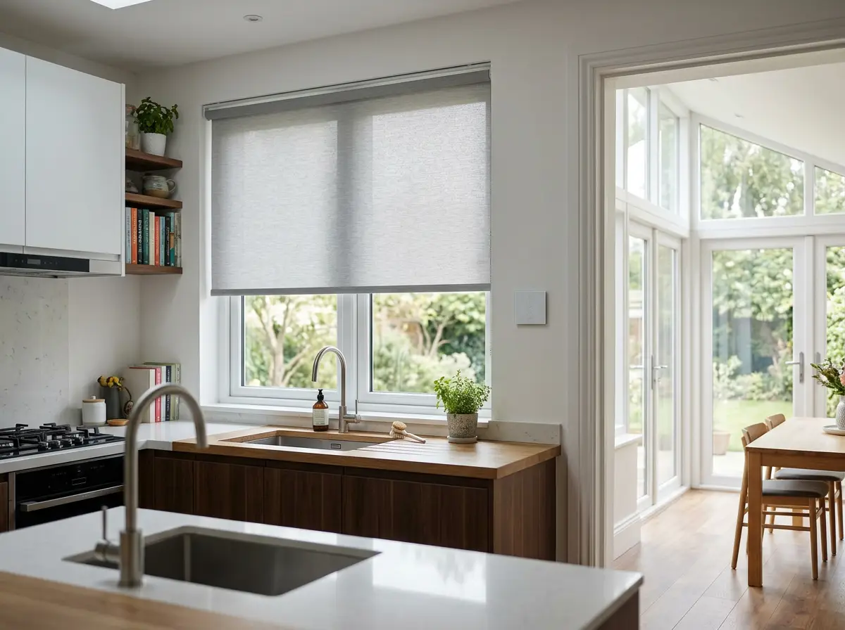 Open-plan kitchen with a motorised roller blind lowered across a large window above the sink, a slim wall-mounted control panel by the doorway