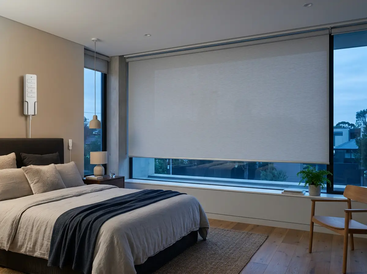 Bedroom with a motorised roller blind lowered across a wide window, a small remote control clipped to the wall beside the bed