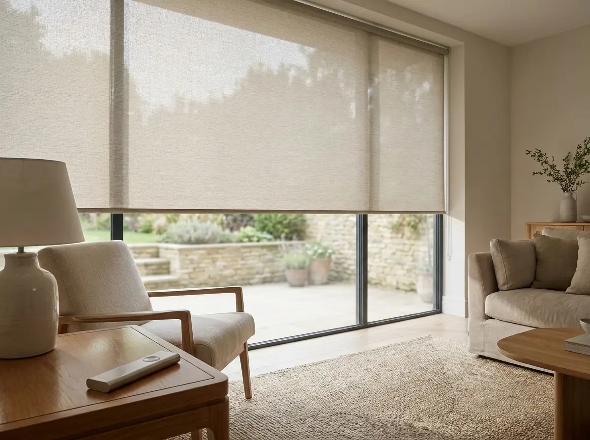Living room with a motorised roller blind lowered across a wide window, a sleek handheld remote resting on a side table