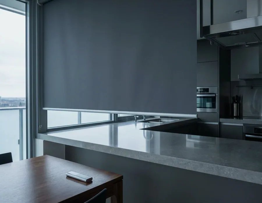 A motorised roller blind lowered across a wide window, its handheld remote resting on the table