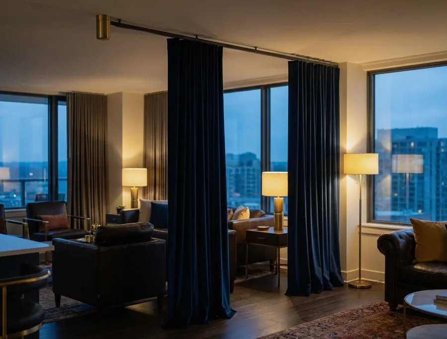 Full-length curtains gliding on a motorised ceiling track across a living room at dusk