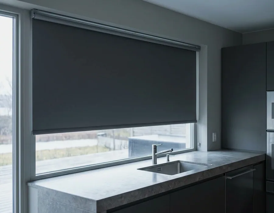 A blockout roller blind lowered across a wide kitchen window — one smooth flat sheet on a tube, no folds