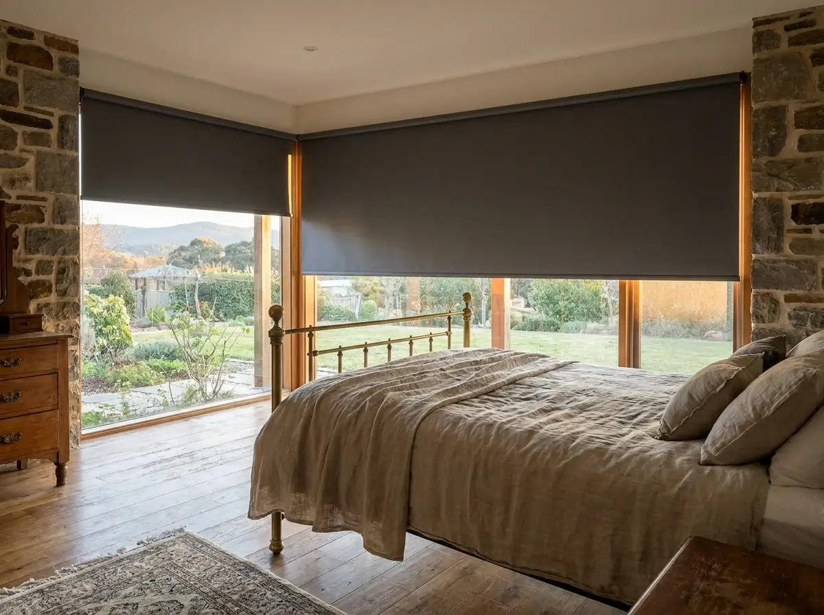 Guest bedroom with a wide blockout roller blind in charcoal grey lowered across a corner window, brass bed frame in the foreground