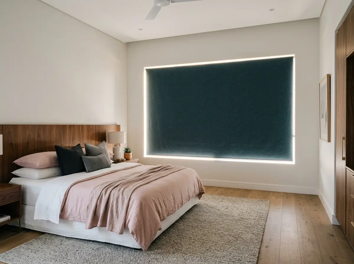 Bedroom in a Waterfall estate home fitted with blockout blinds in petrol and walnut tones