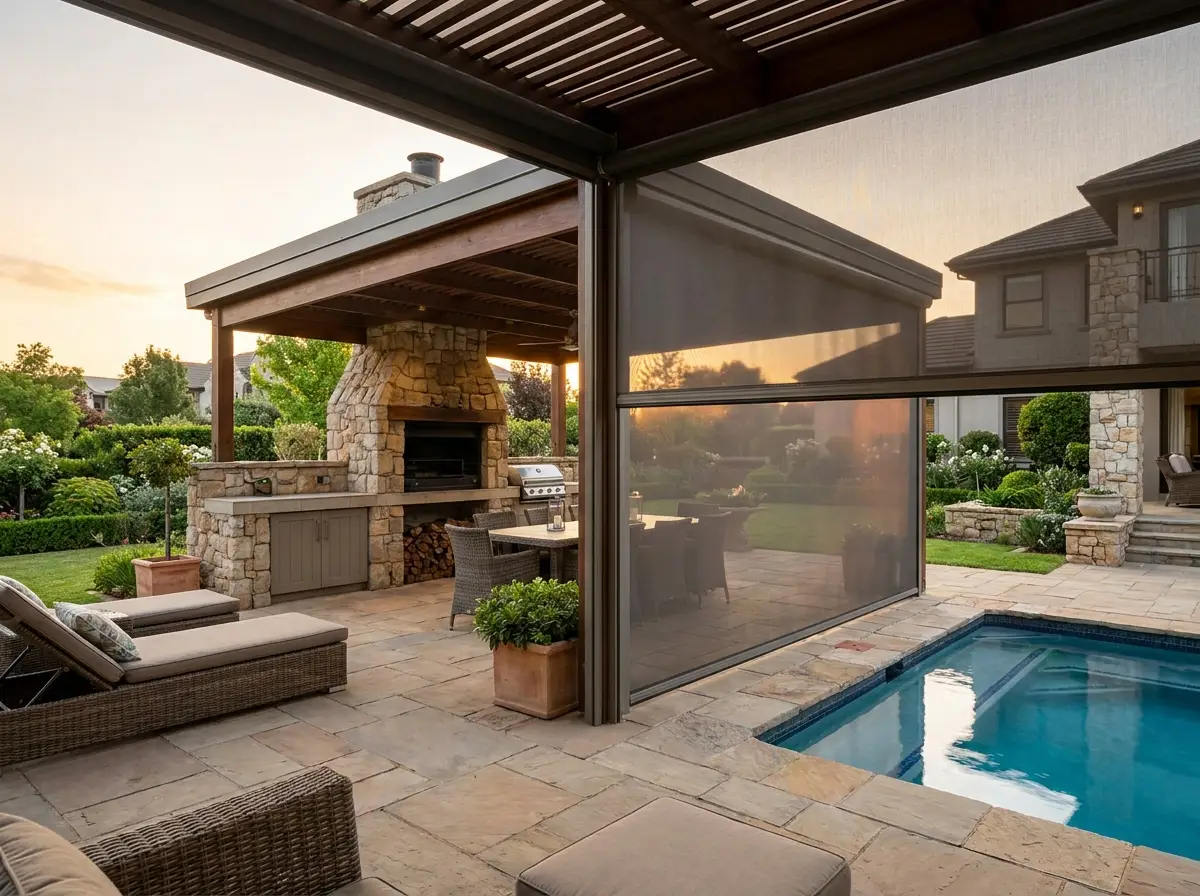 Poolside entertainment patio with a built-in braai, a zip screen blind partially lowered down the open side beside the pool at evening