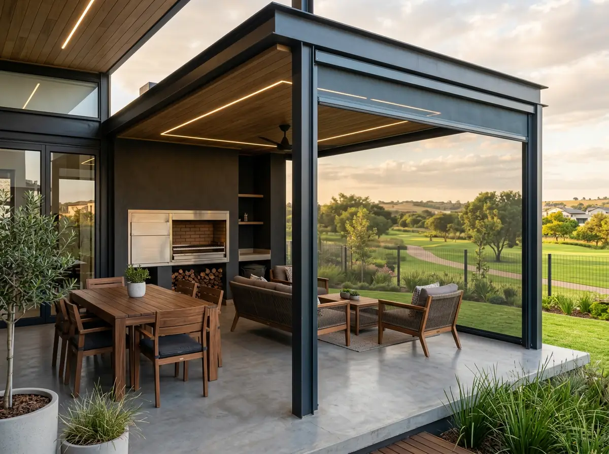 Covered entertainment patio at a Waterfall home with a zip screen lowered down the open side, holding taut against the wind
